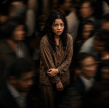 A woman standing still, facing us, as a blurred crowd moves around her.