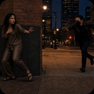 A woman pressed against a wall at night as a man walks past.