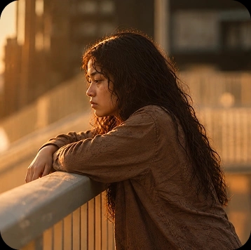A young woman leaning on a railing at golden hour, looking down.