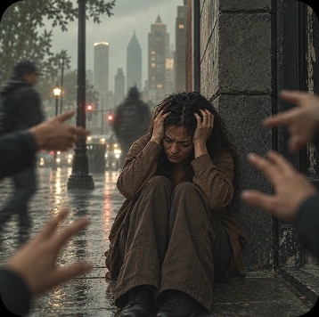 A woman crouched against a wall in the rain, hands held to her head.