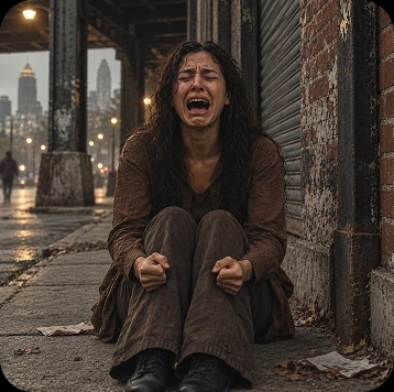 A woman weeping, sitting on the pavement beneath an overpass at dusk.