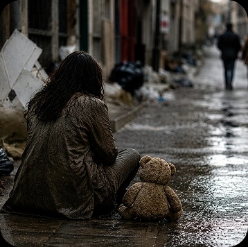 A girl sitting on a wet kerb beside a teddy bear on a littered street.