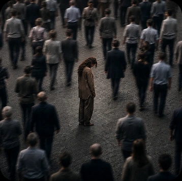 Seen from above, one person stands still while commuters stream past.