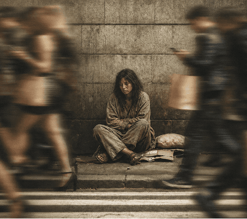 A woman sits on stone steps against a wall while a blurred crowd of commuters streams past her.